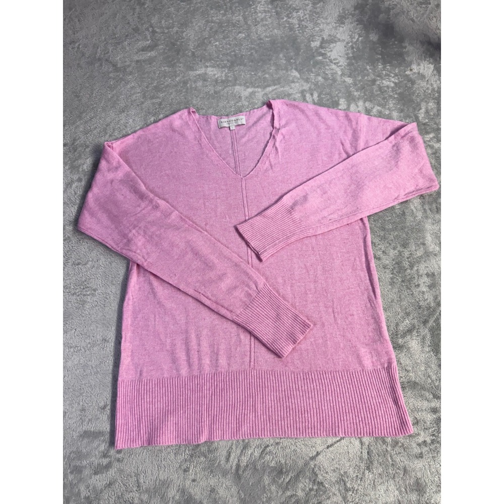 Bianco & Blu Pink V-Neck Sweater Made in Italy Size L Long Ribbed Cuff Fine Knit